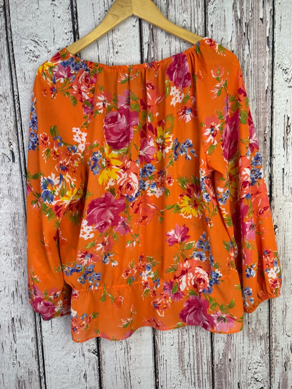 CHAPS Women’s Large Orange Floral Print Blouse Tie‎ Neck Woven Fabric Small Flaw - Picture 8 of 16